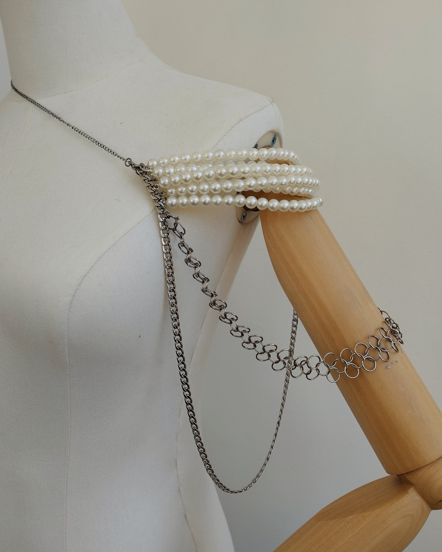 One of a Kind - The Chainmail & Pearl Shoulder Armour in Stainless Steel