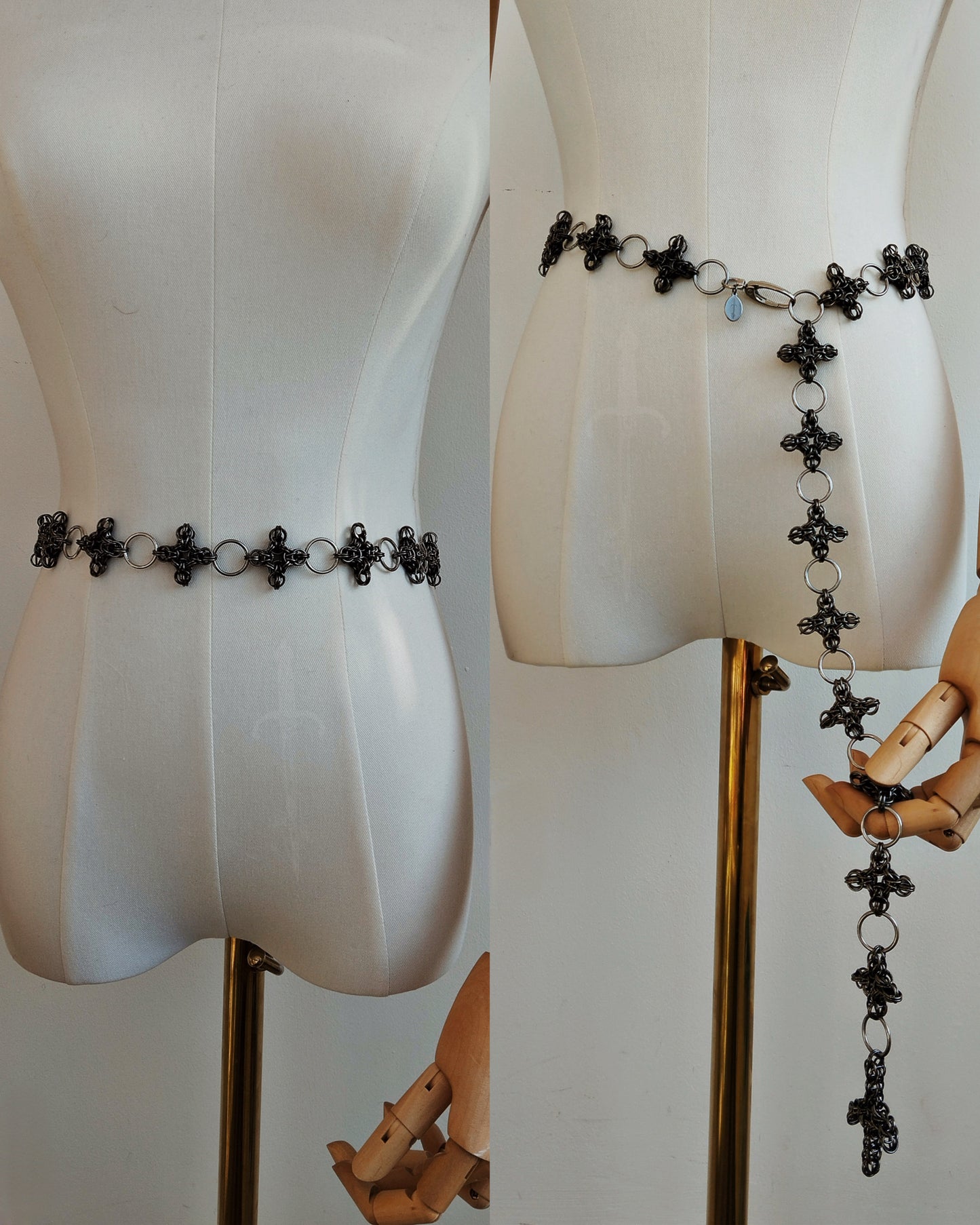The Ayla Cross Pendant Chainmail Belt in Gun Metal Black