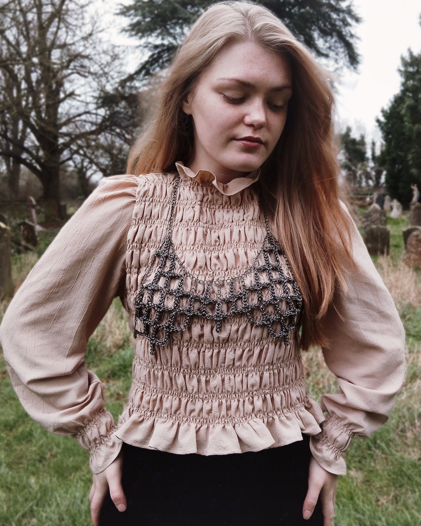 The Ayla Cross Pendant Chainmail Bralet in Gun Metal Black