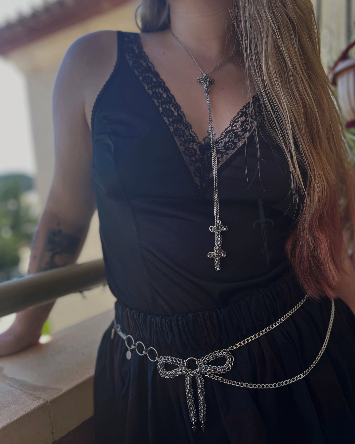 The Styx Trio Cross Bolo Inspired Chainmail Necklace in Stainless Steel