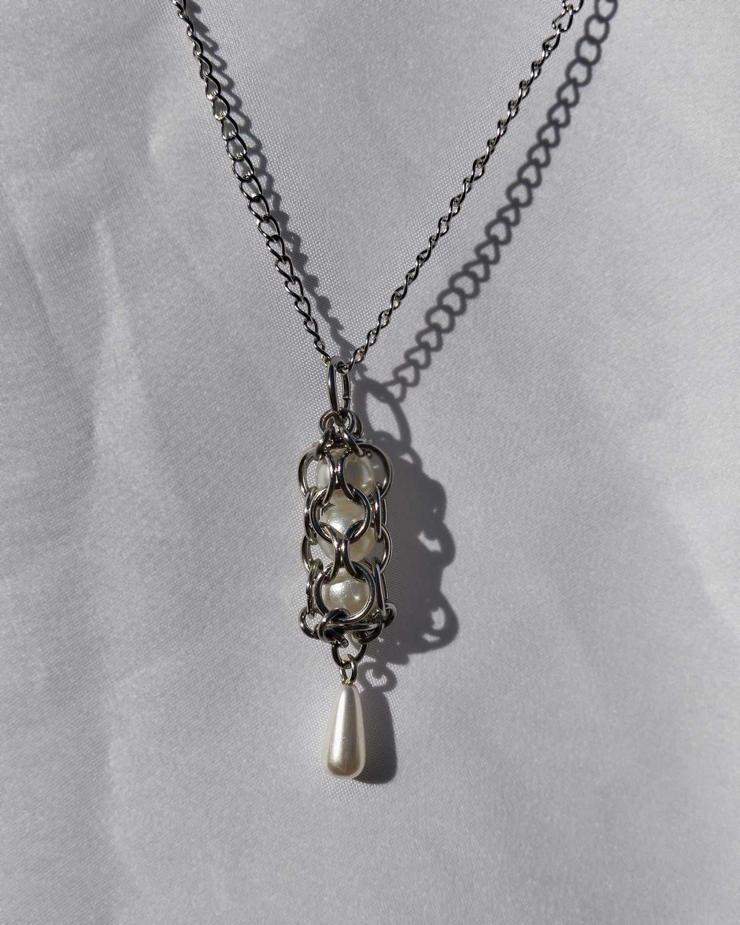 One of a Kind - The Chainmail Pearl Leucothea Necklace in Stainless Steel