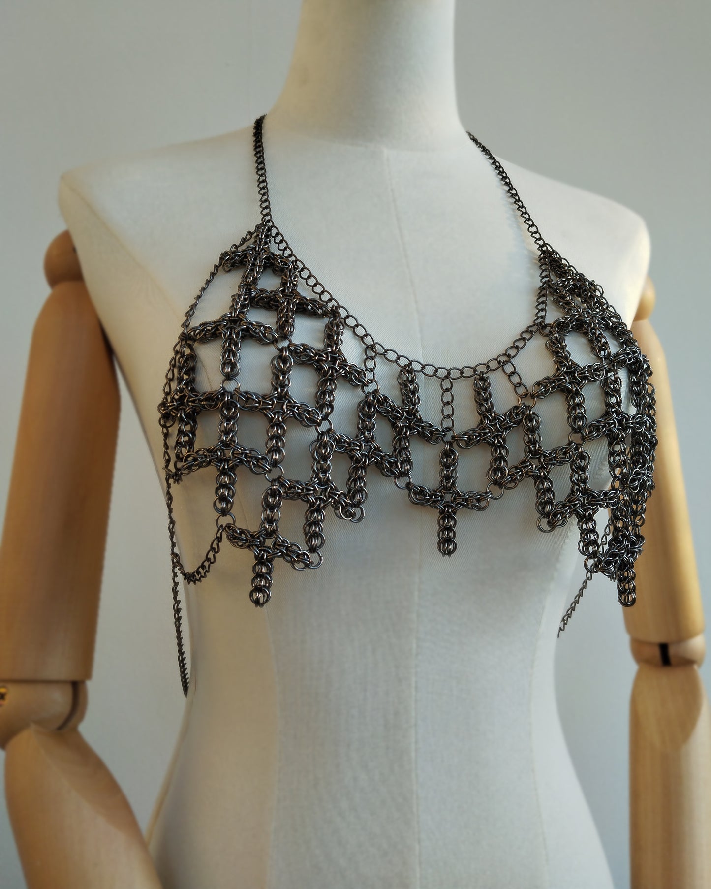 The Ayla Cross Pendant Chainmail Bralet in Gun Metal Black
