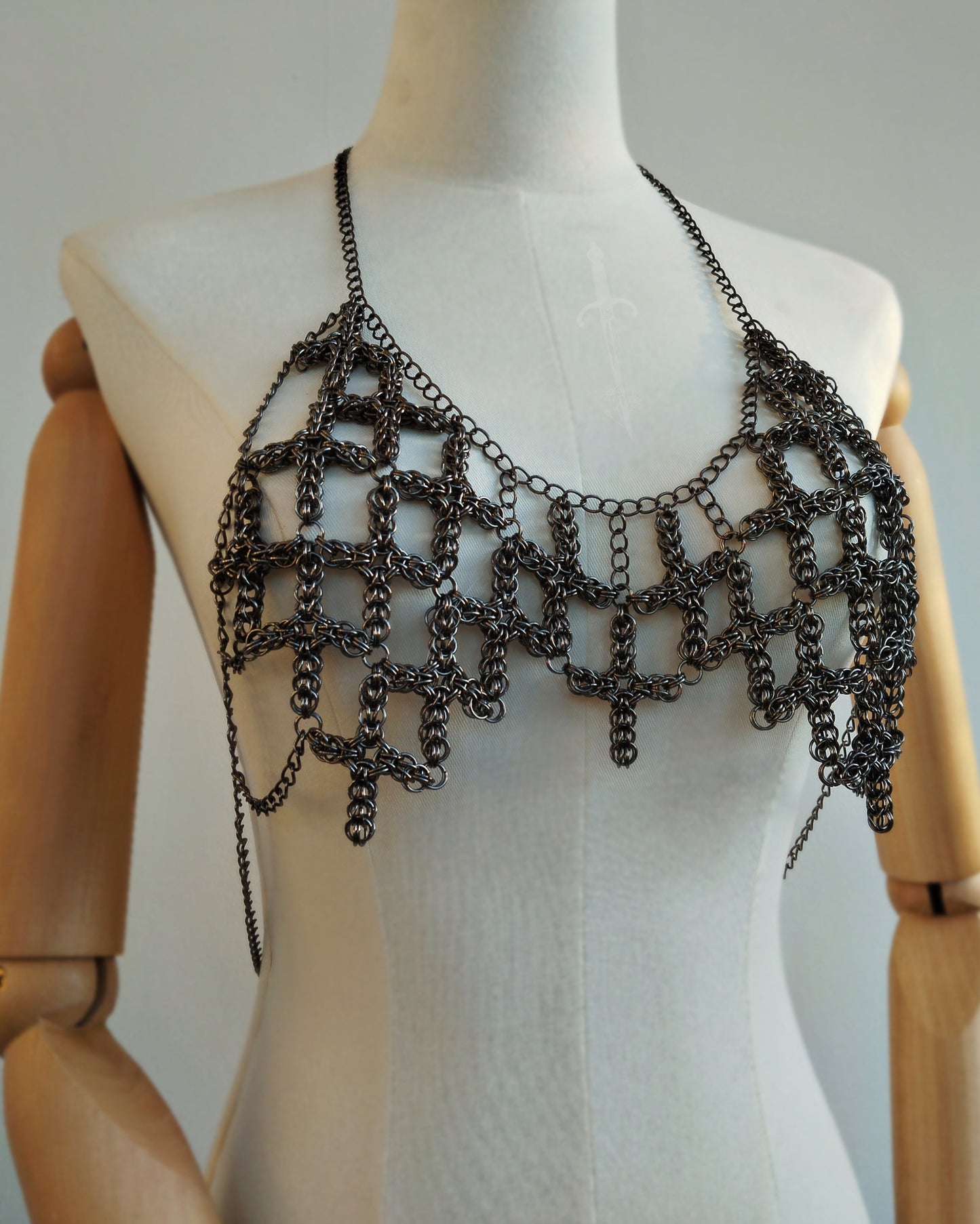 The Ayla Cross Pendant Chainmail Bralet in Gun Metal Black