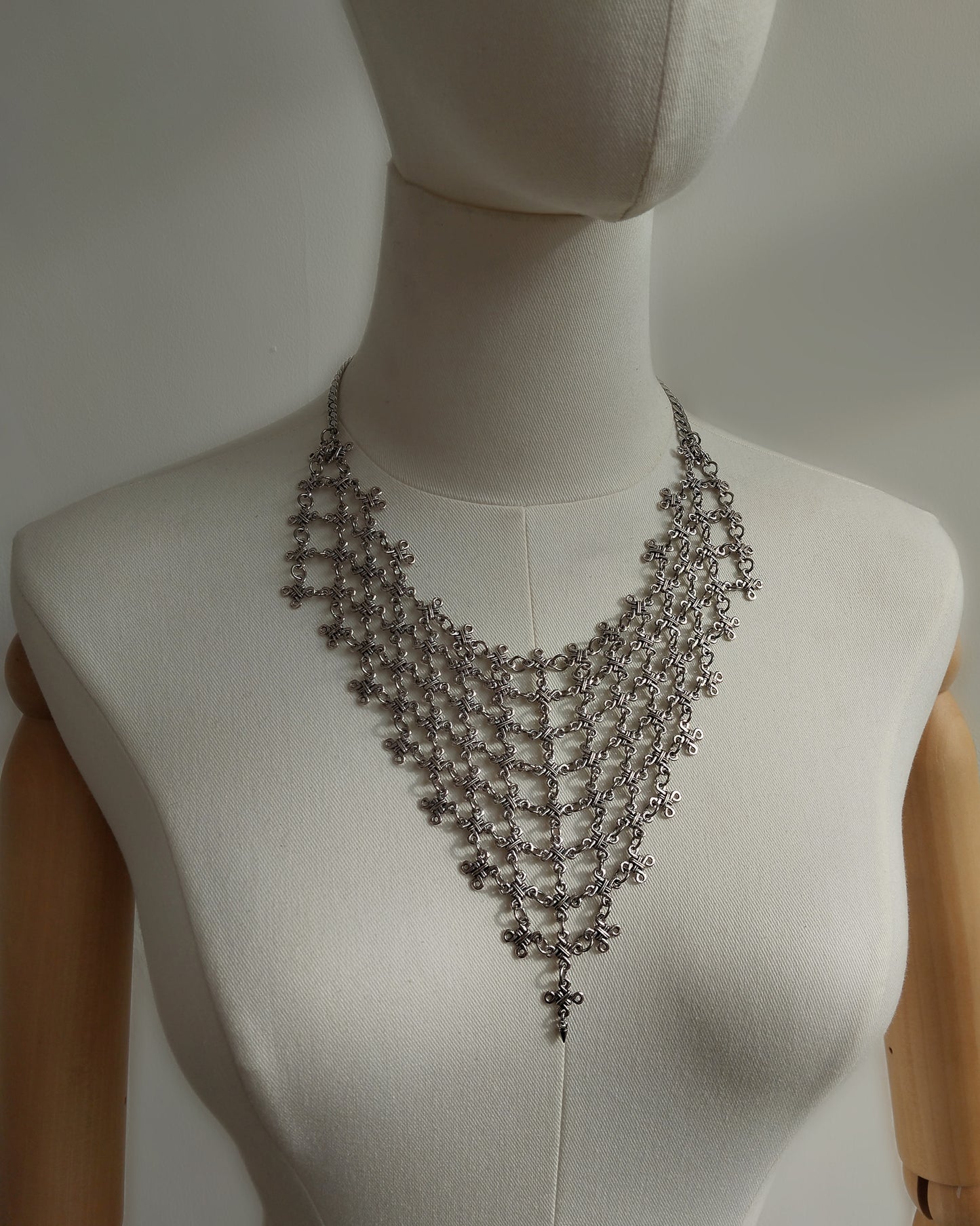 The Brigid Chain Bib Necklace in Stainless Steel & Antique Silver