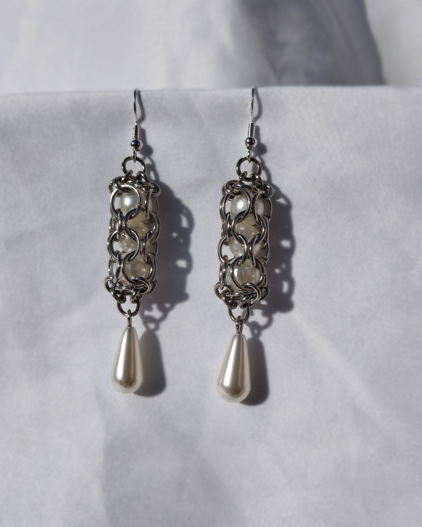 One of a Kind - The Chainmail Pearl Leucothea Earrings in Stainless Steel