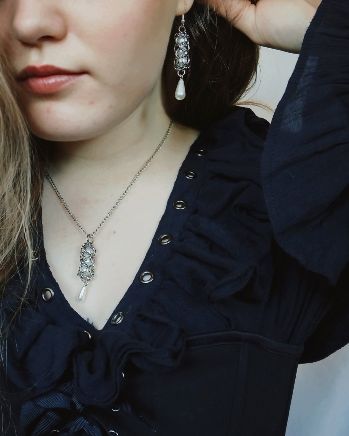 One of a Kind - The Chainmail Pearl Leucothea Earrings in Stainless Steel