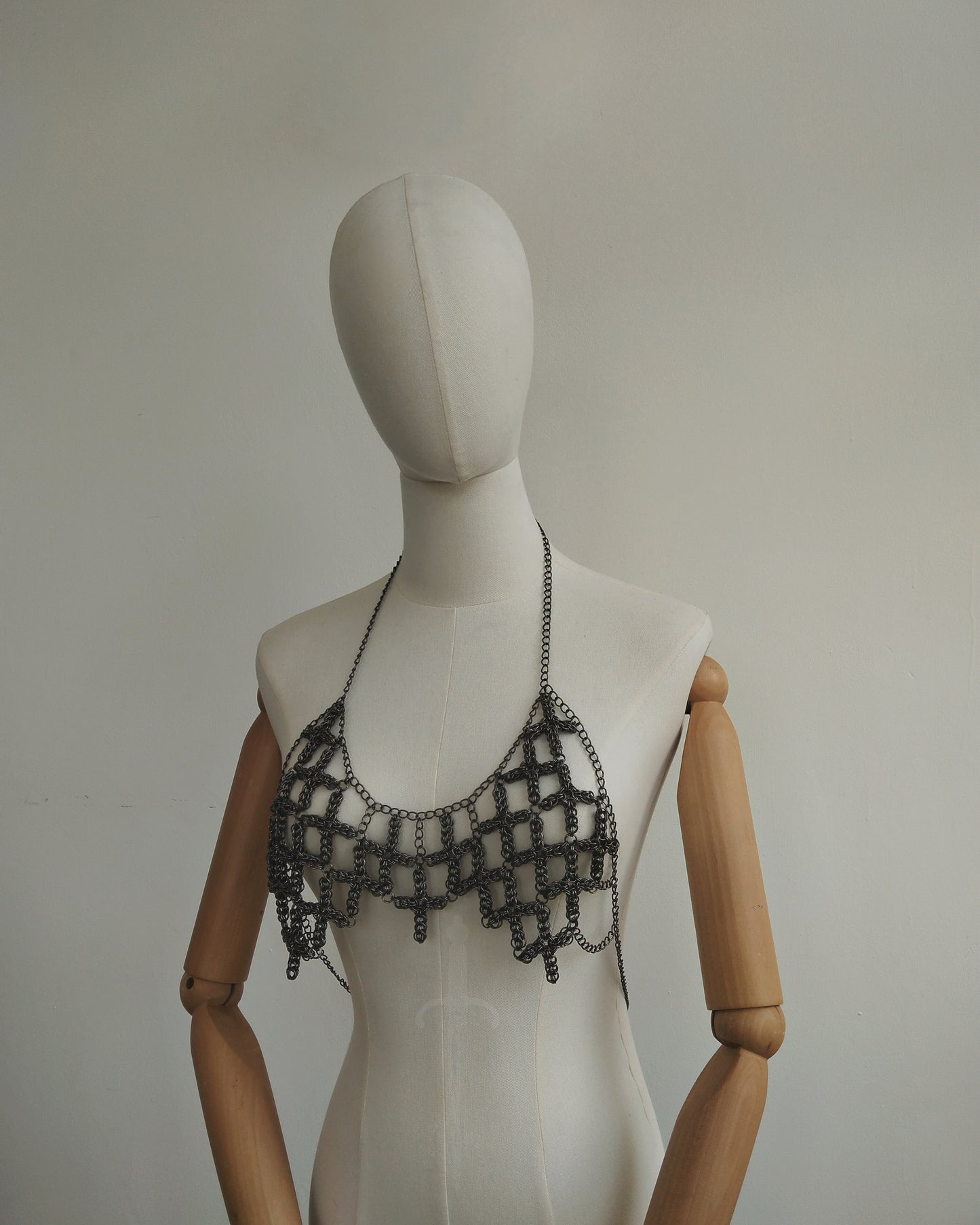The Ayla Cross Pendant Chainmail Bralet in Gun Metal Black