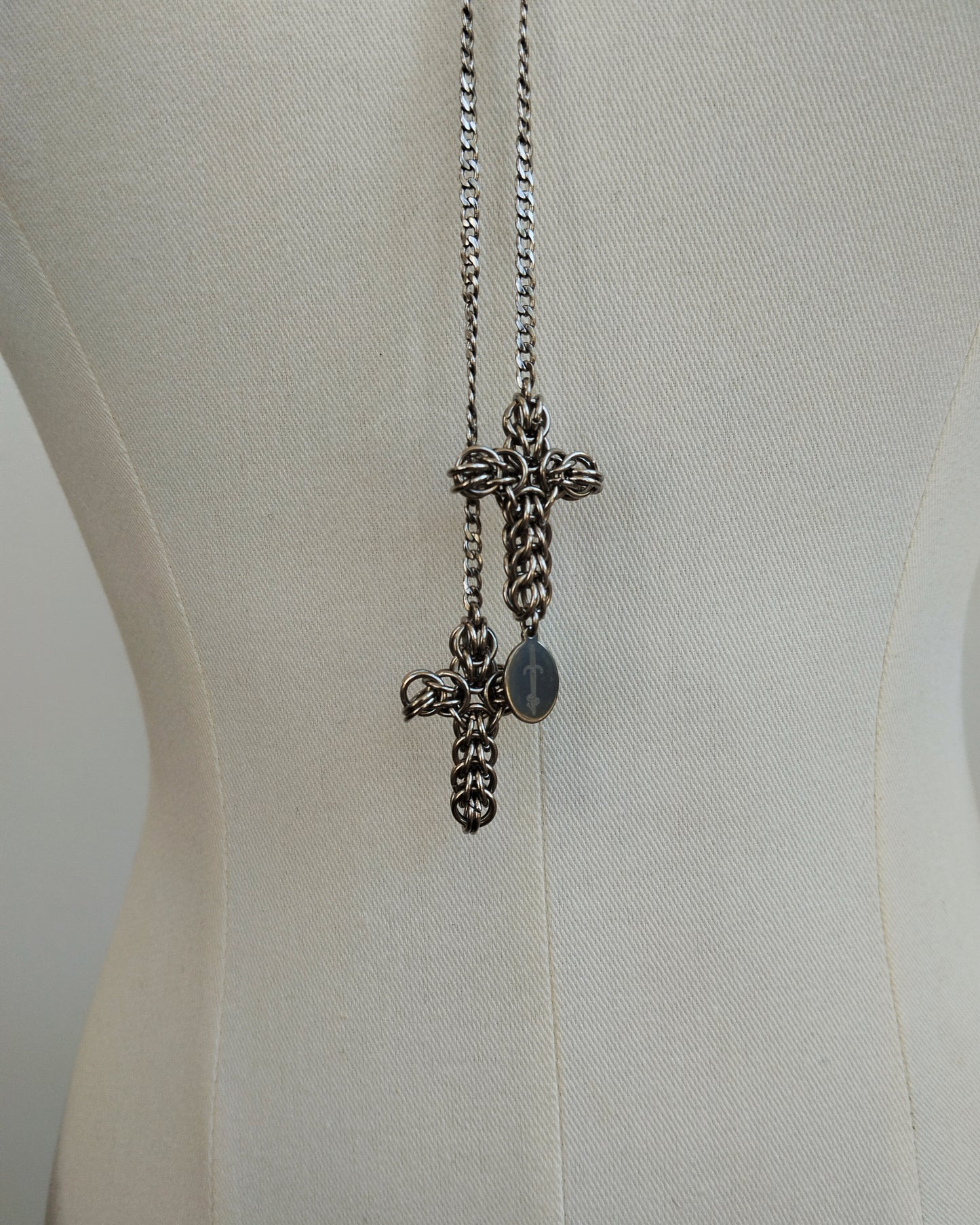 The Styx Trio Cross Bolo Inspired Chainmail Necklace in Stainless Steel