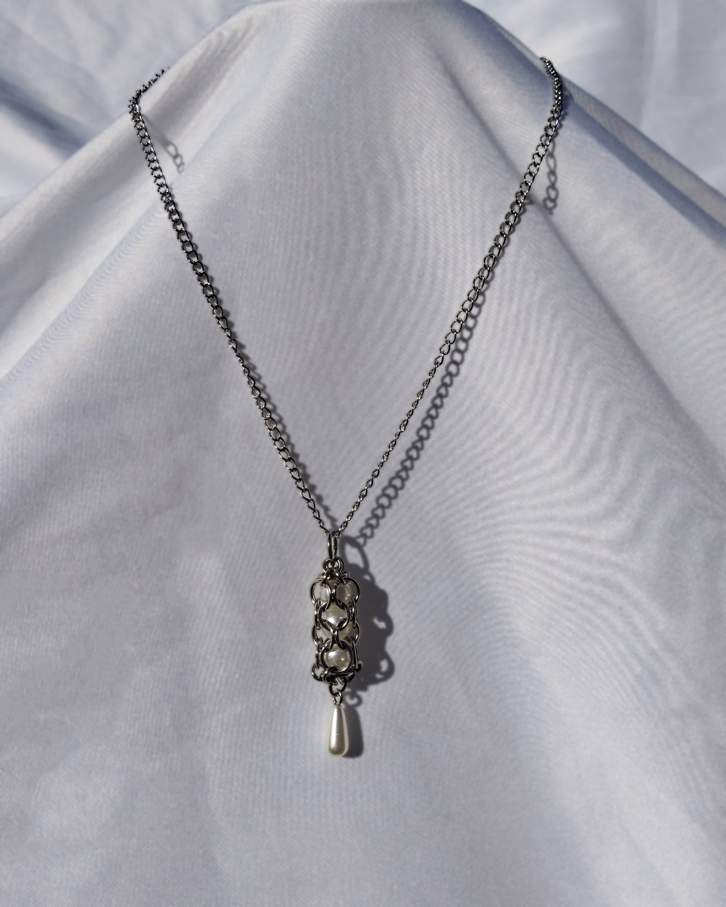 One of a Kind - The Chainmail Pearl Leucothea Necklace in Stainless Steel