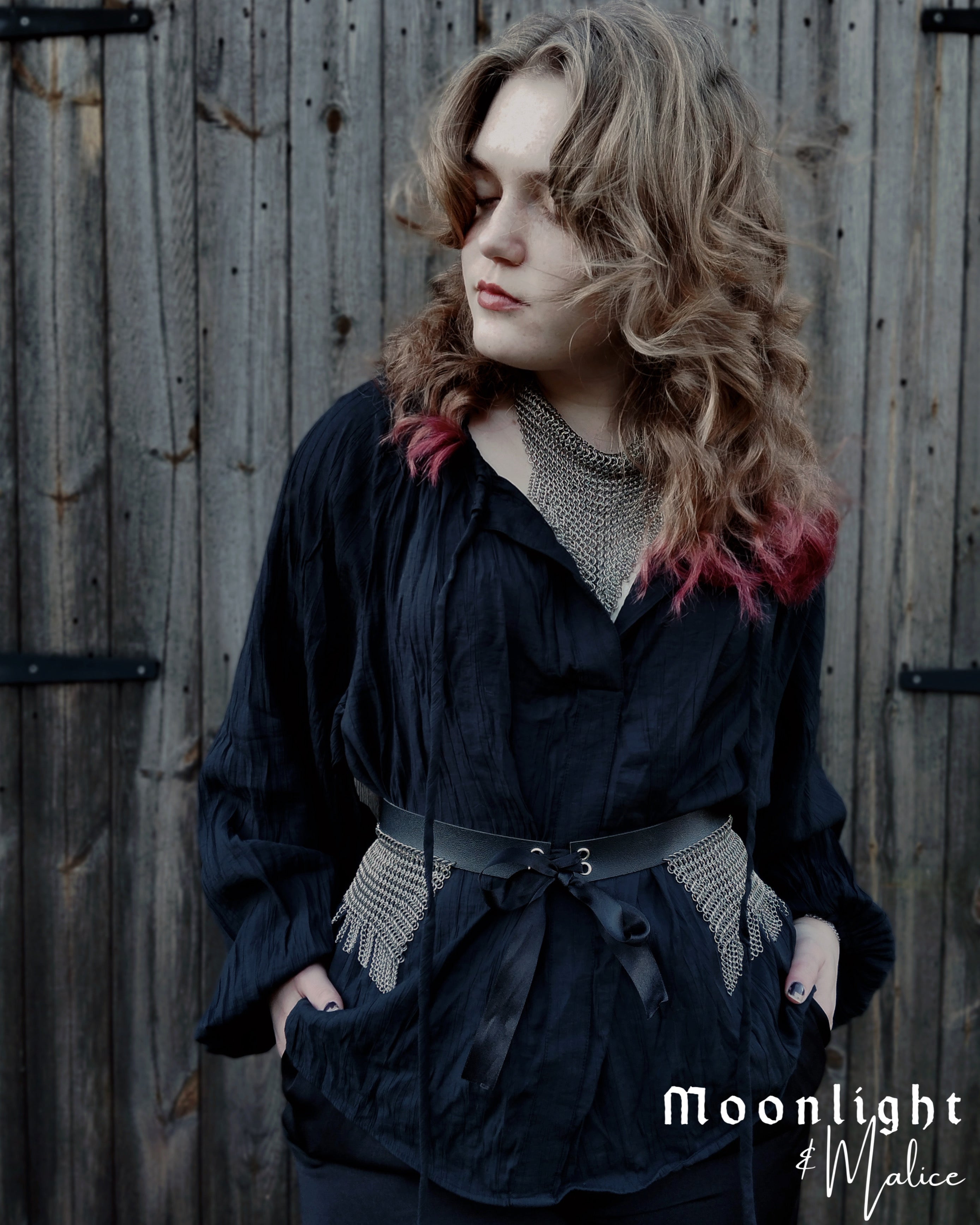 The Haunted Chainmail Belt in Stainless Steel & Faux Leather Black