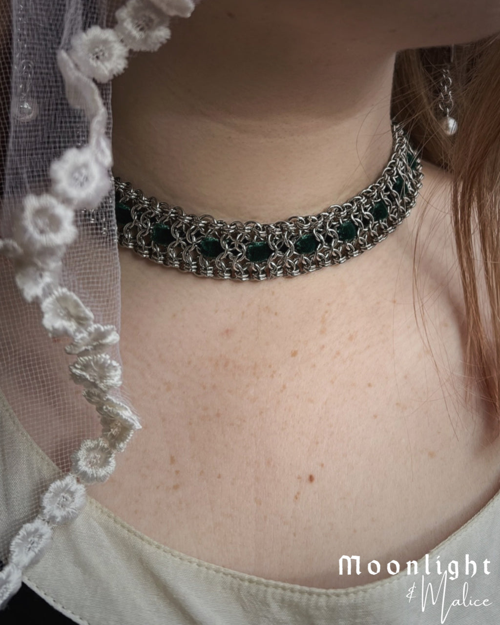 The Green Ribbon Chainmail Necklace in Stainless Steel