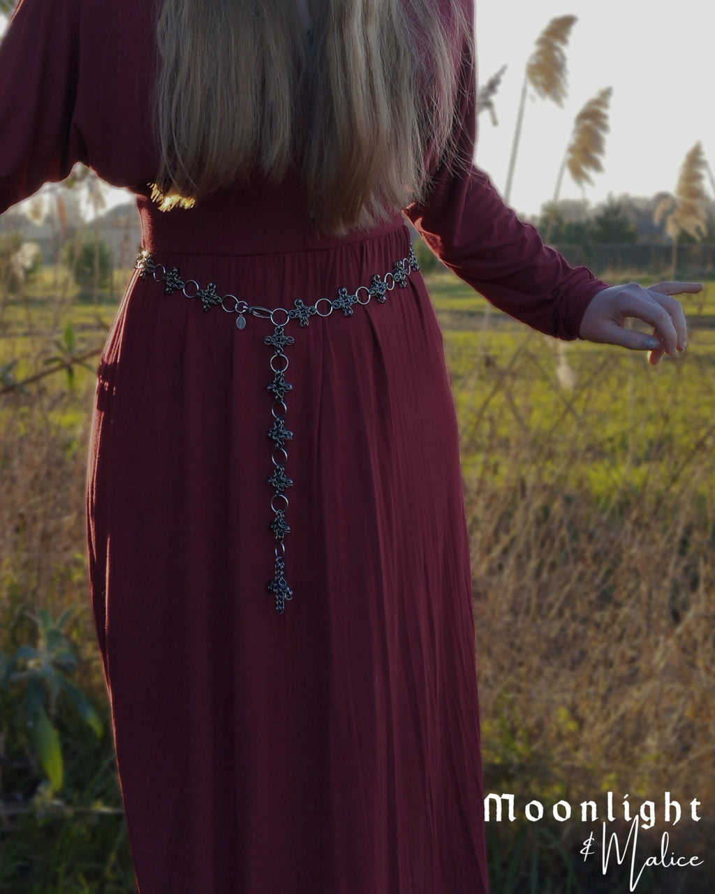 The Ayla Cross Pendant Chainmail Belt in Gun Metal Black