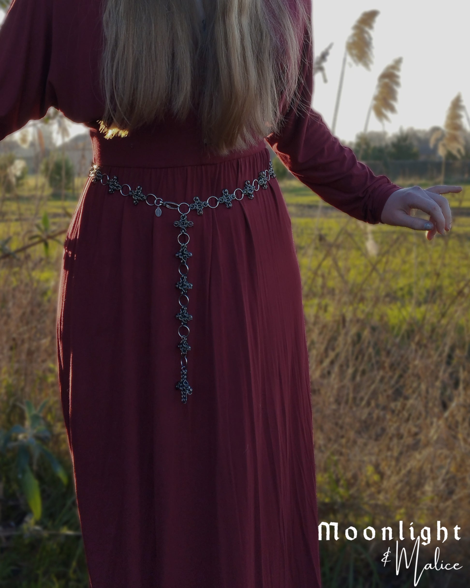 The Ayla Cross Pendant Chainmail Belt in Gun Metal Black