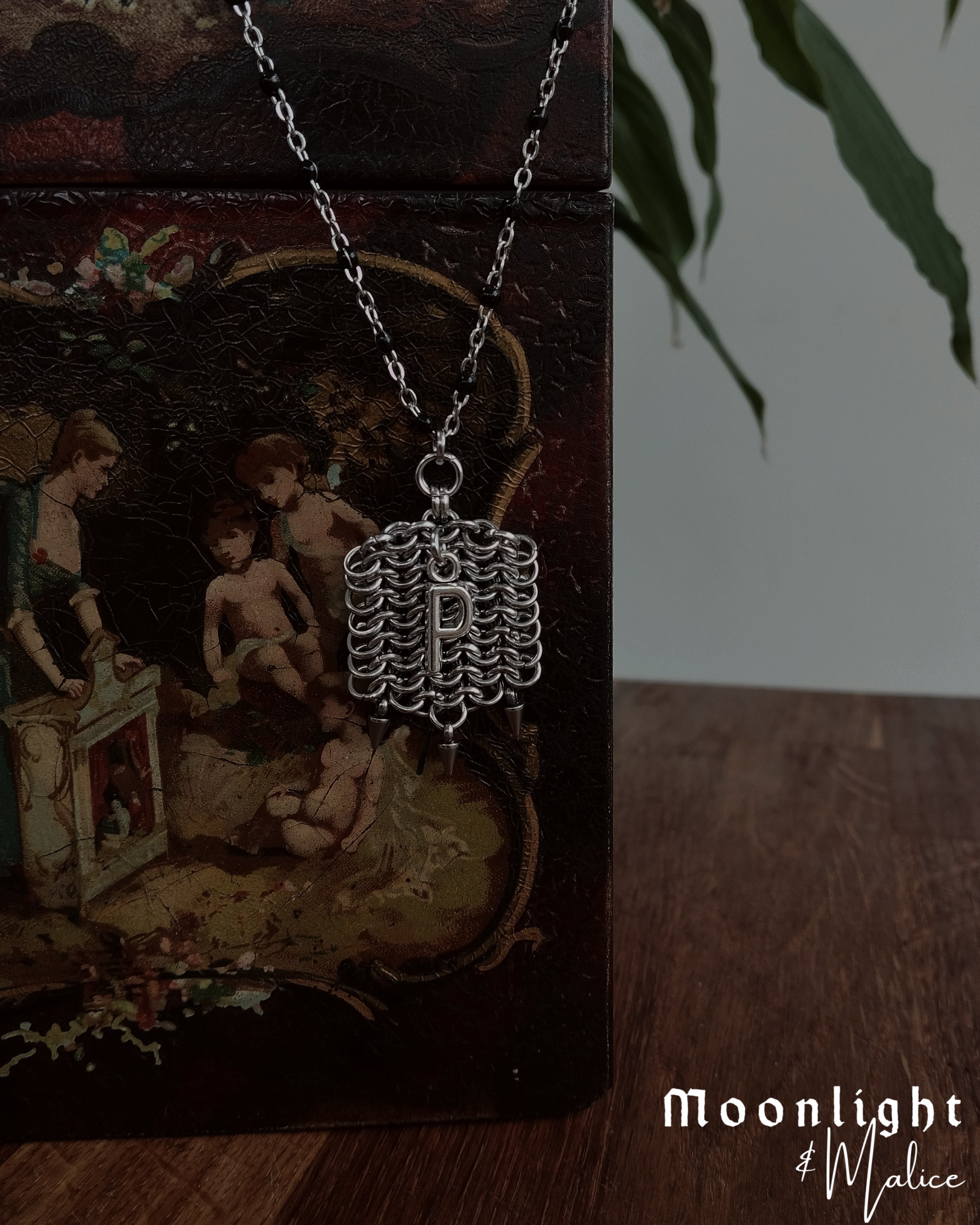 The Medieval Pennon Initial Chainmail Necklace in Stainless Steel