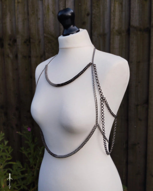 The Sepherina Chainmail Body Chain in Stainless Steel & Gunmetal Black