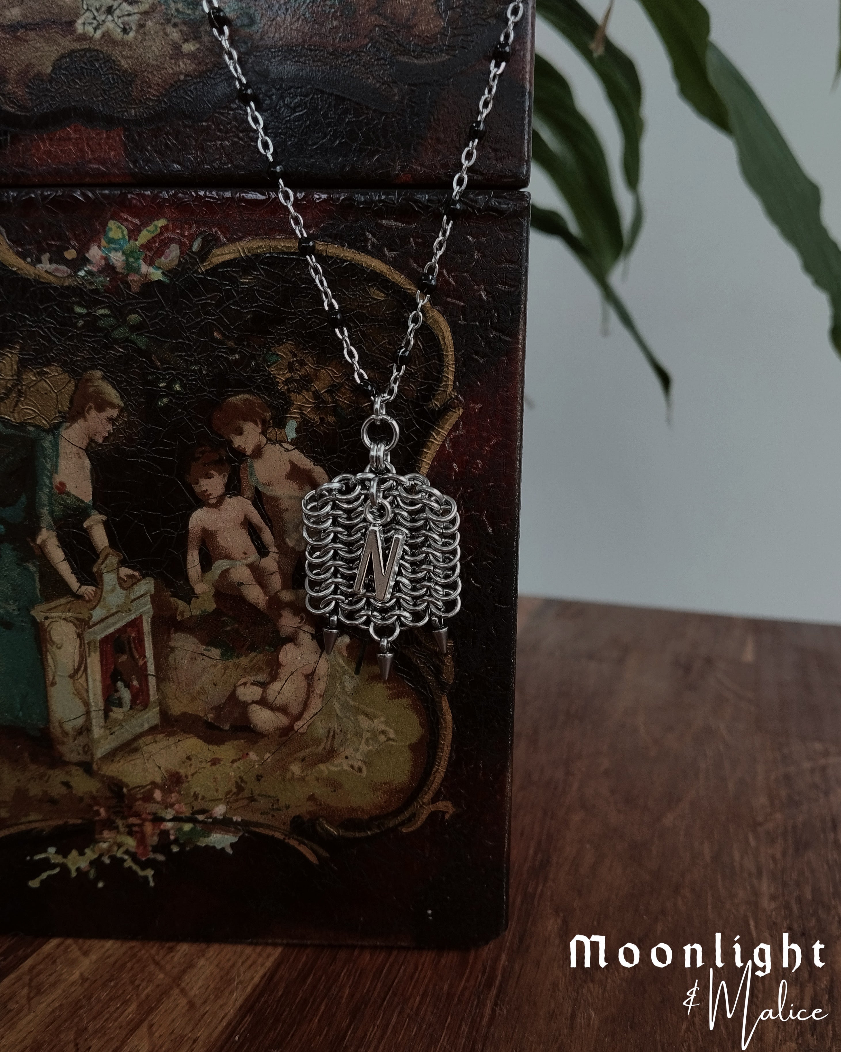 The Medieval Pennon Initial Chainmail Necklace in Stainless Steel