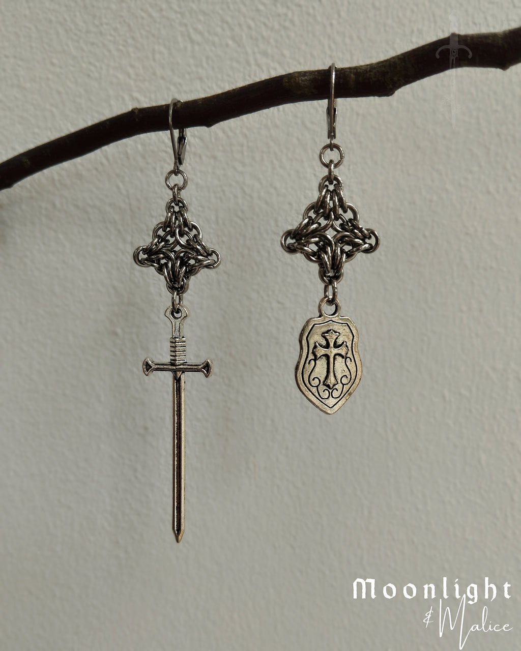 The Sword & Shield Chainmail Pendant Earrings in Stainless Steel
