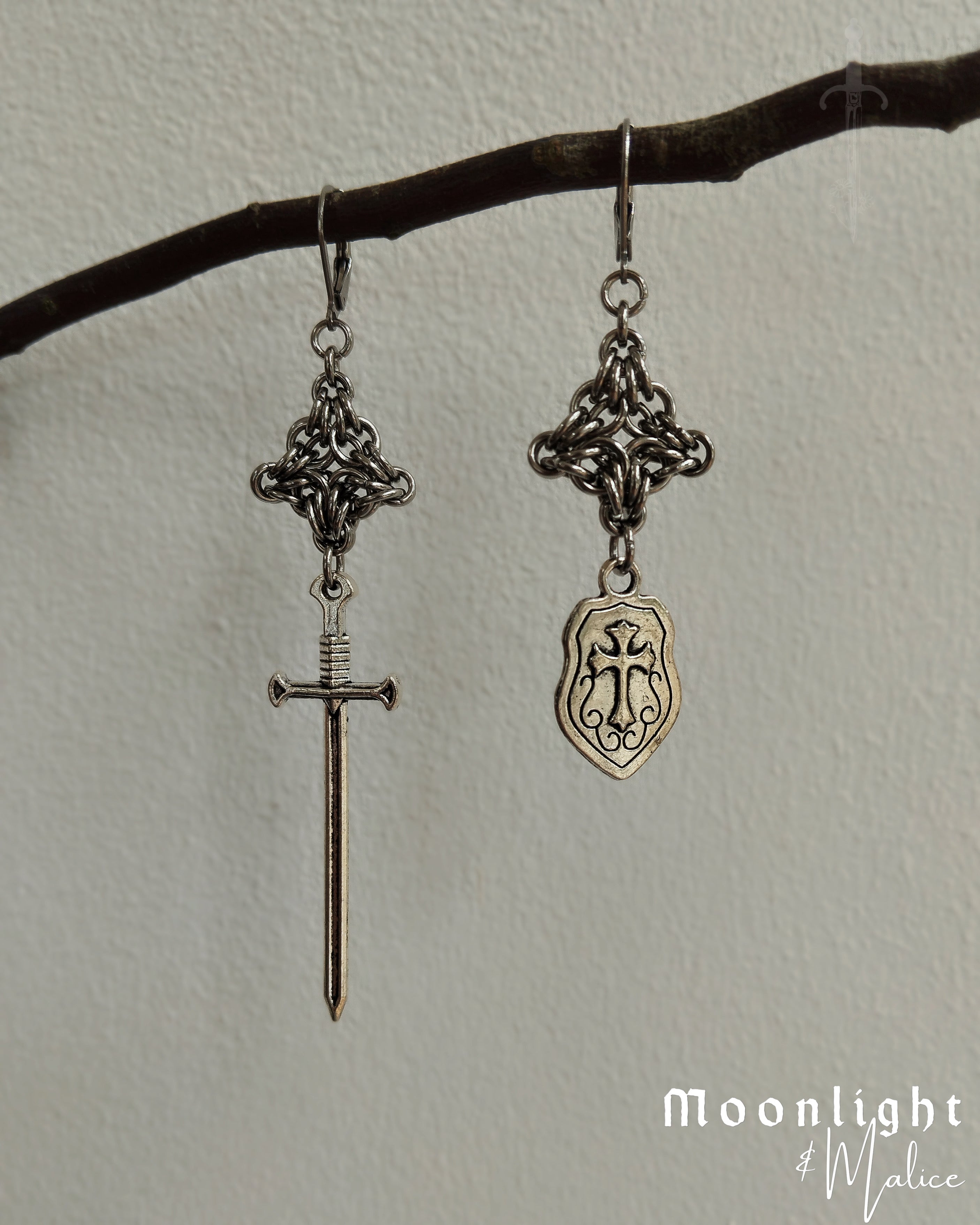 The Sword & Shield Chainmail Pendant Earrings in Stainless Steel