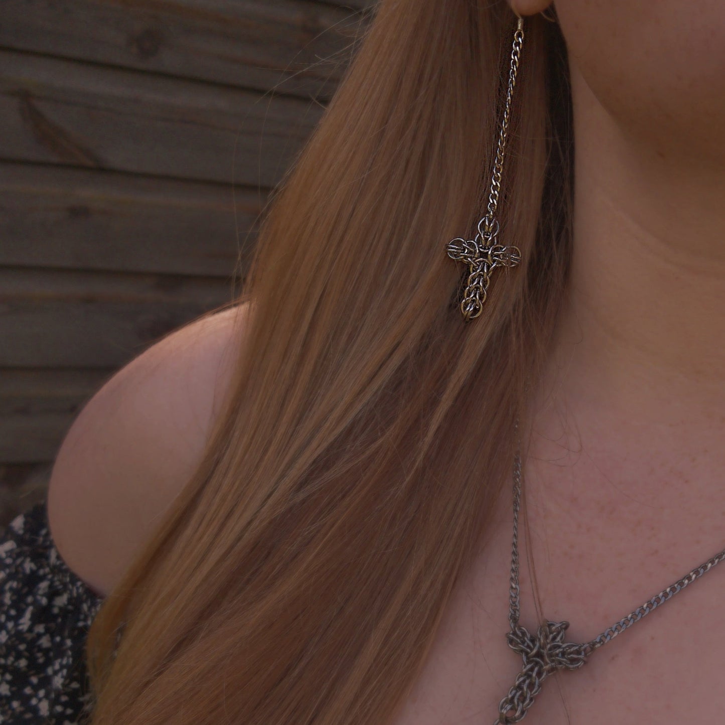 The Miniature Ayla Cross Chainmail Earring in Stainless Steel