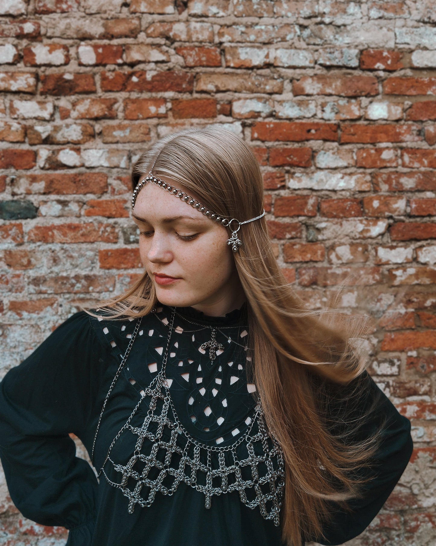 The Ayla Cross Chainmail Head Piece in Stainless Steel