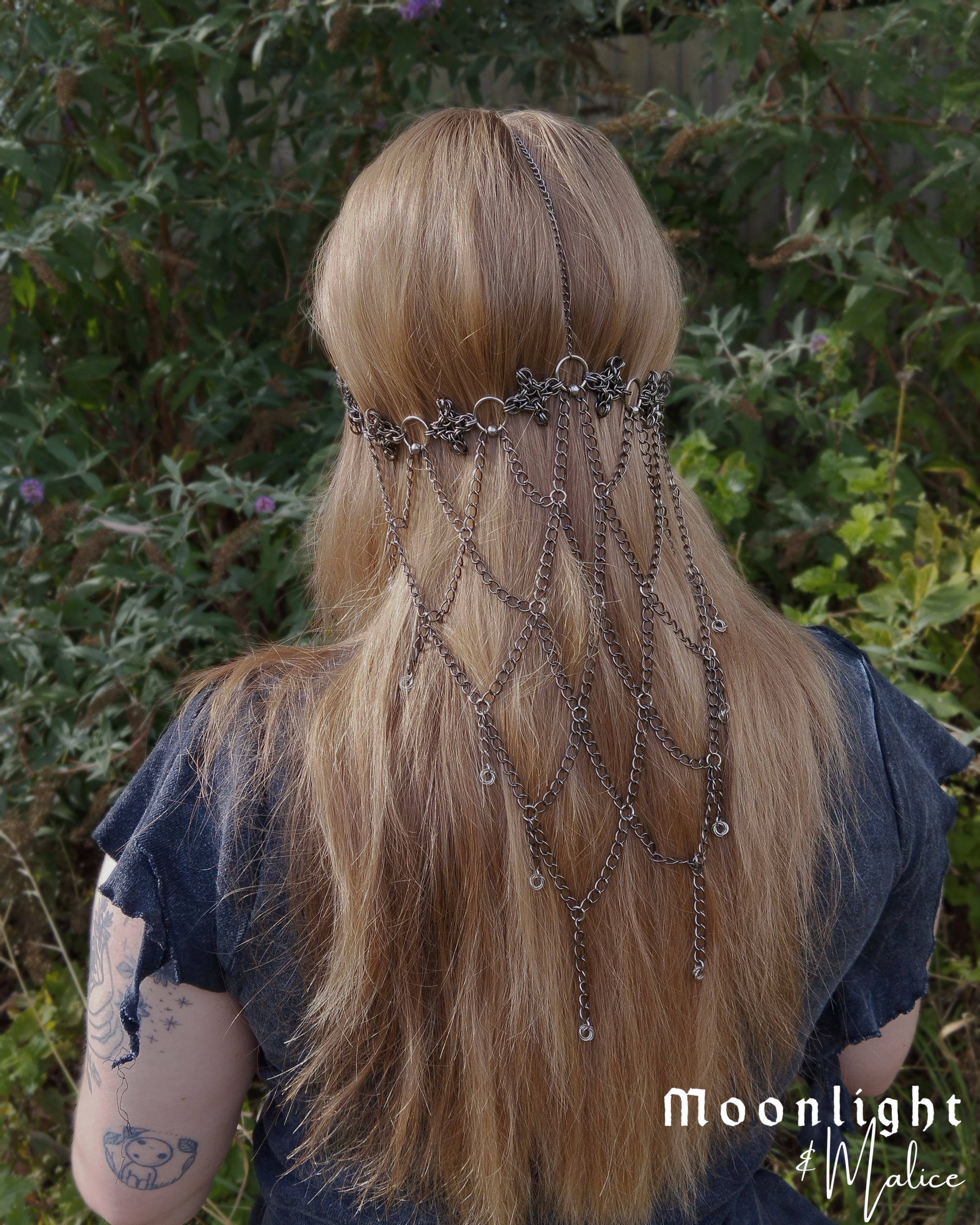 The Ayla Chainmail Cross Head Piece in Stainless Steel & Gunmetal Black - One of a Kind