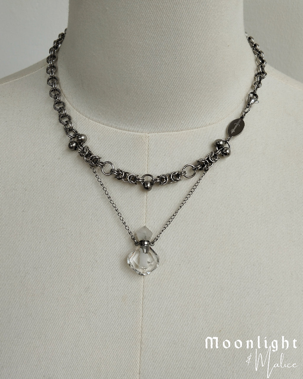 The Josephine Chainmail Perfume Bottle Pendant Necklace in Stainless Steel