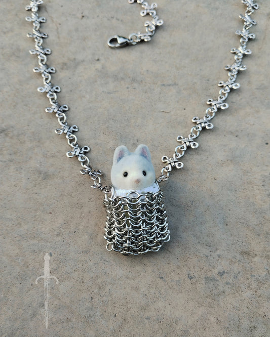 One of a Kind - The Miniature Chainmail Pouch Necklace in Stainless Steel