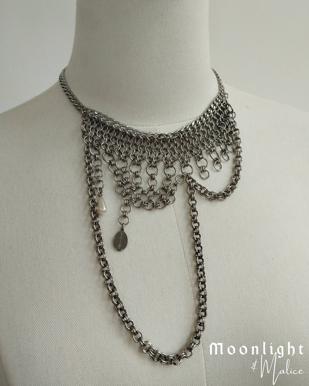 The Rusalka Chainmail Draped Necklace in Stainless Steel