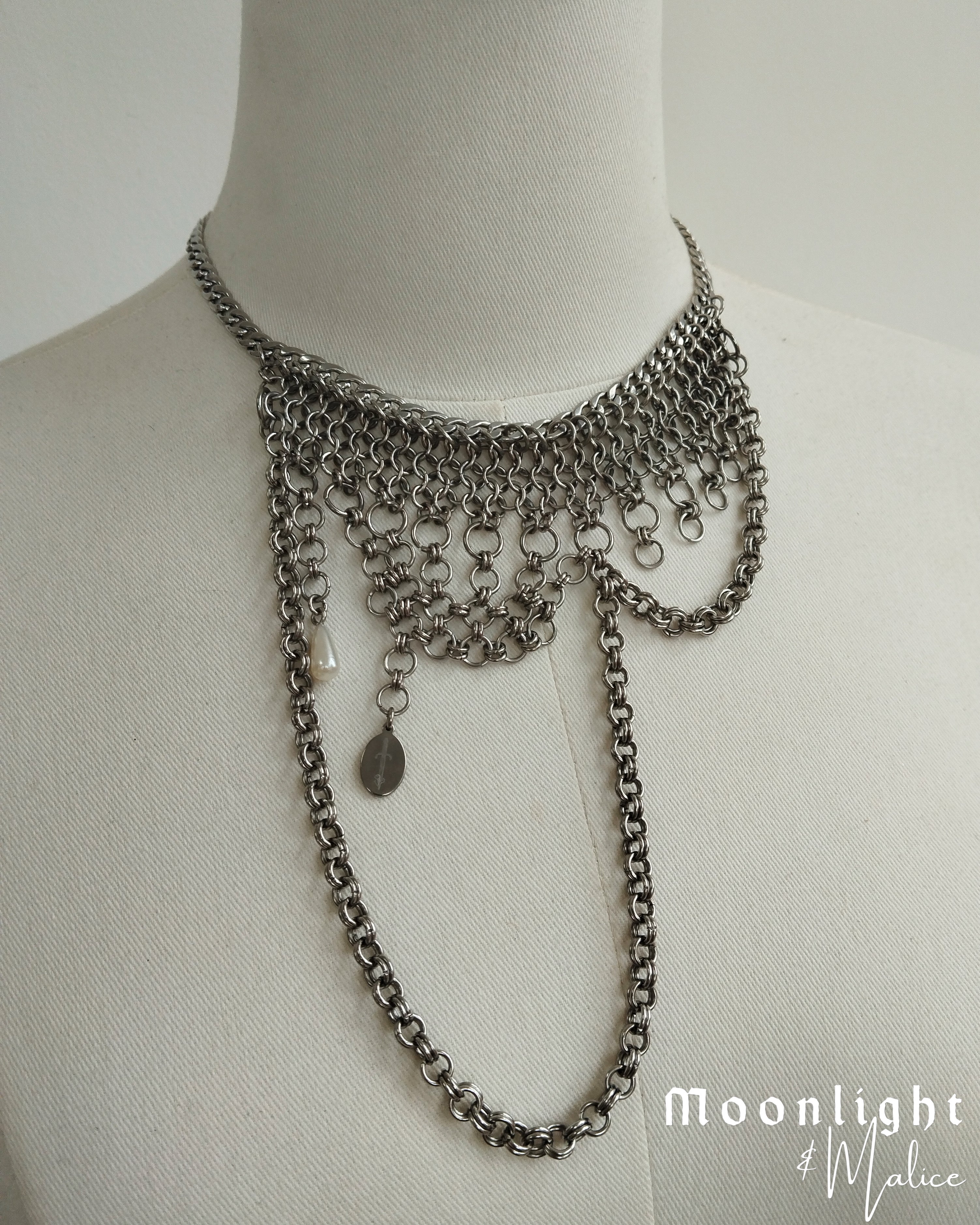 The Rusalka Chainmail Draped Necklace in Stainless Steel