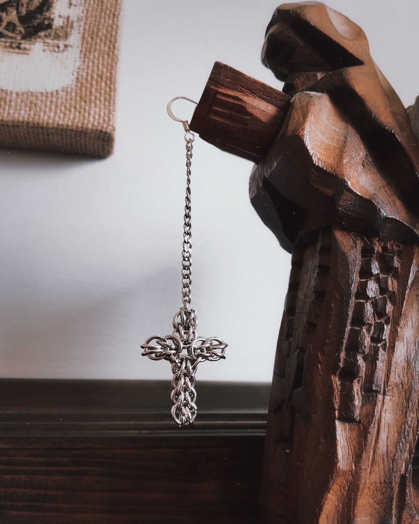 The Miniature Ayla Cross Chainmail Earring in Stainless Steel