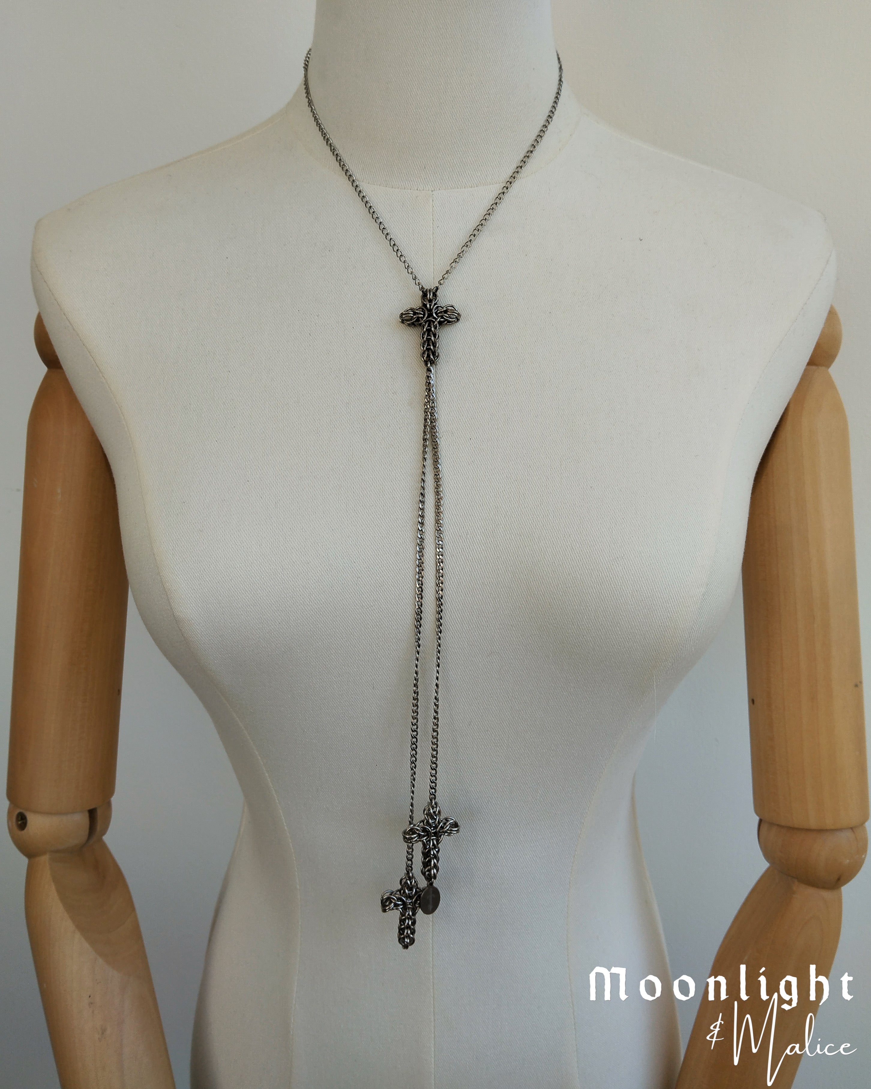 The Styx Trio Cross Bolo Inspired Chainmail Necklace in Stainless Steel