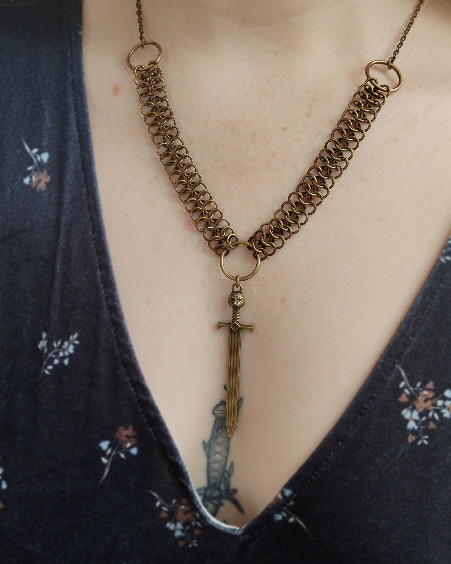 The Chainmail Dagger Pendant Necklace in Antique Bronze