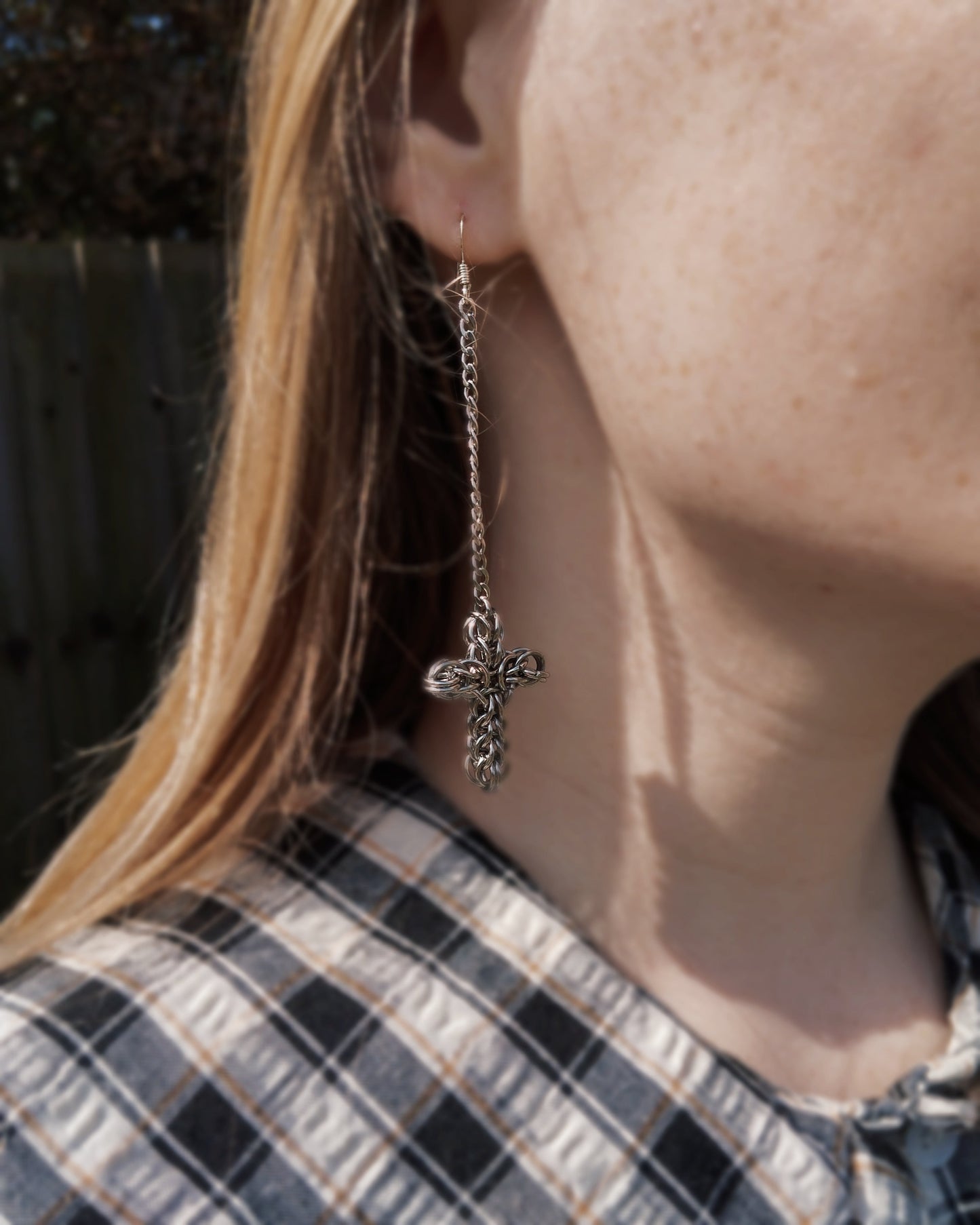 The Miniature Ayla Cross Chainmail Earring in Stainless Steel