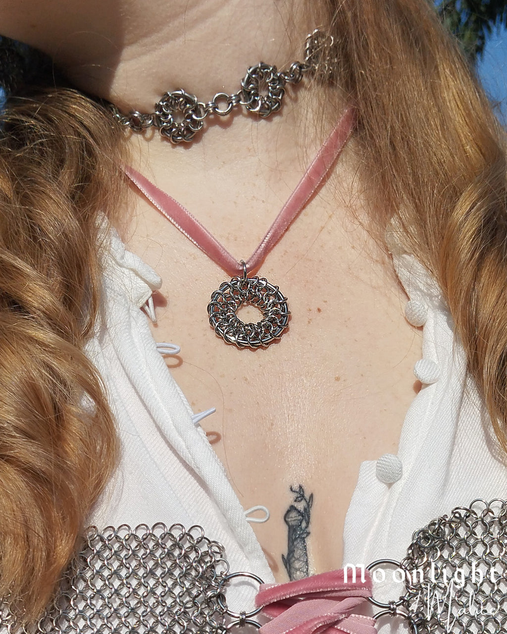 The Oneiroi Chainmail Pendant Ribbon Necklace in Stainless Steel