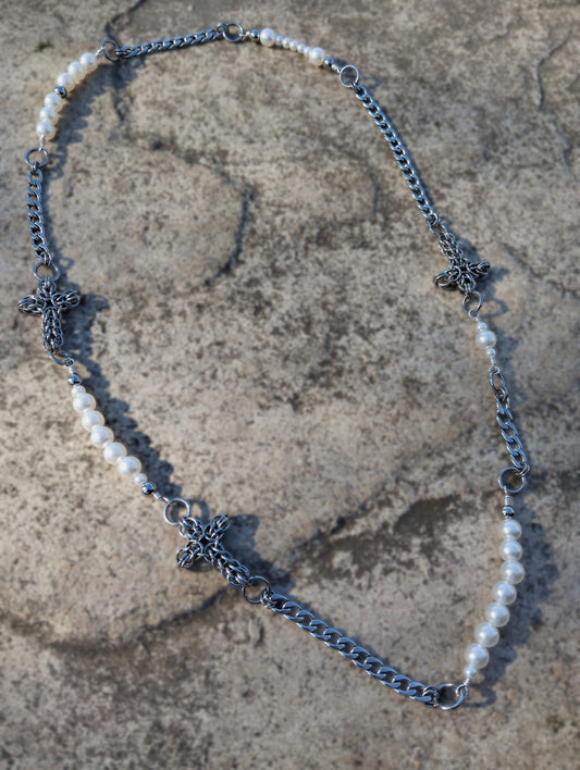 One of a Kind - The Chainmail Pearl Styx Necklace in Stainless Steel