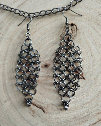 One of a Kind - The Rotted Leaves Chainmail Earrings in Gun Metal Black