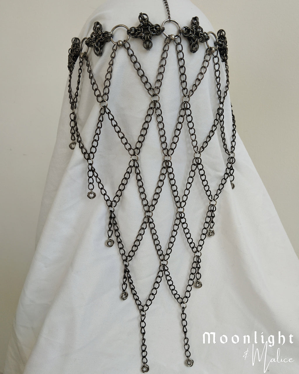 The Ayla Chainmail Cross Head Piece in Stainless Steel & Gunmetal Black - One of a Kind