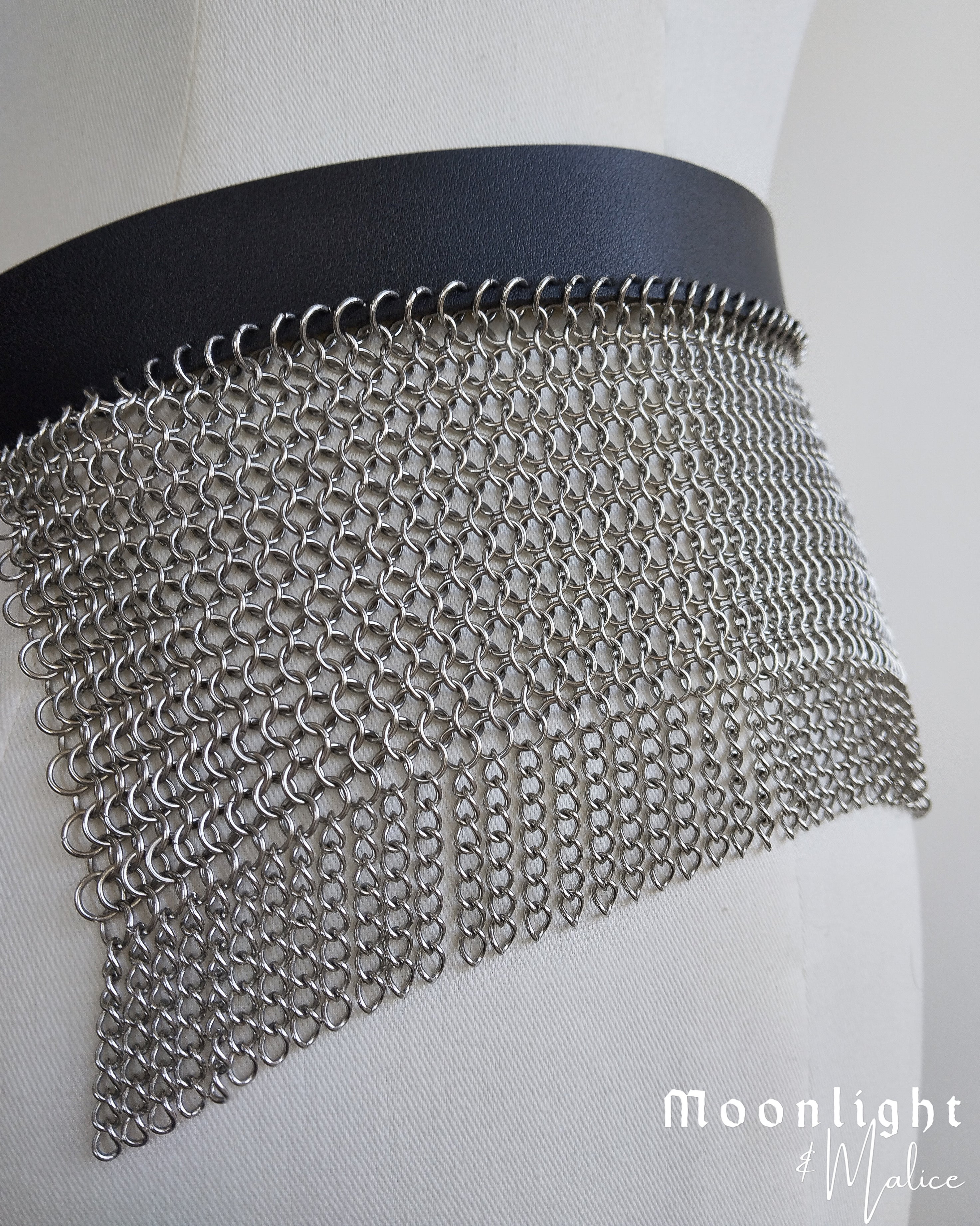 The Haunted Chainmail Belt in Stainless Steel & Faux Leather Black