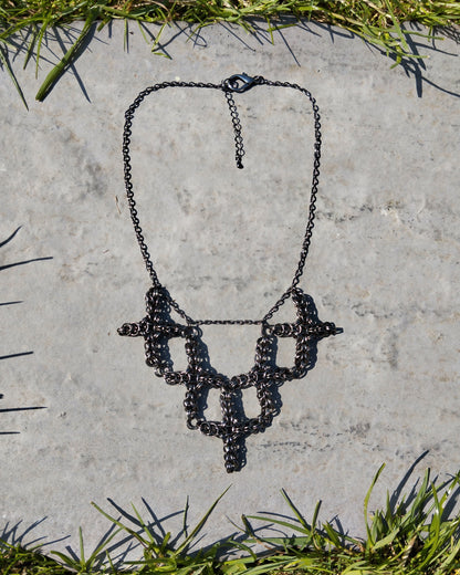 The Ayla Cross Pendant Chainmail Necklace in Gun Metal Black