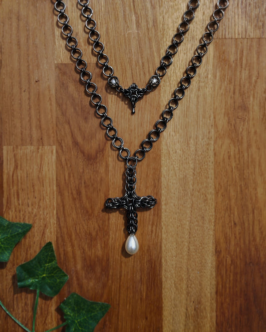 One of a Kind - The Ayla Cross Layer Chainmail Necklace in Gun Metal Black