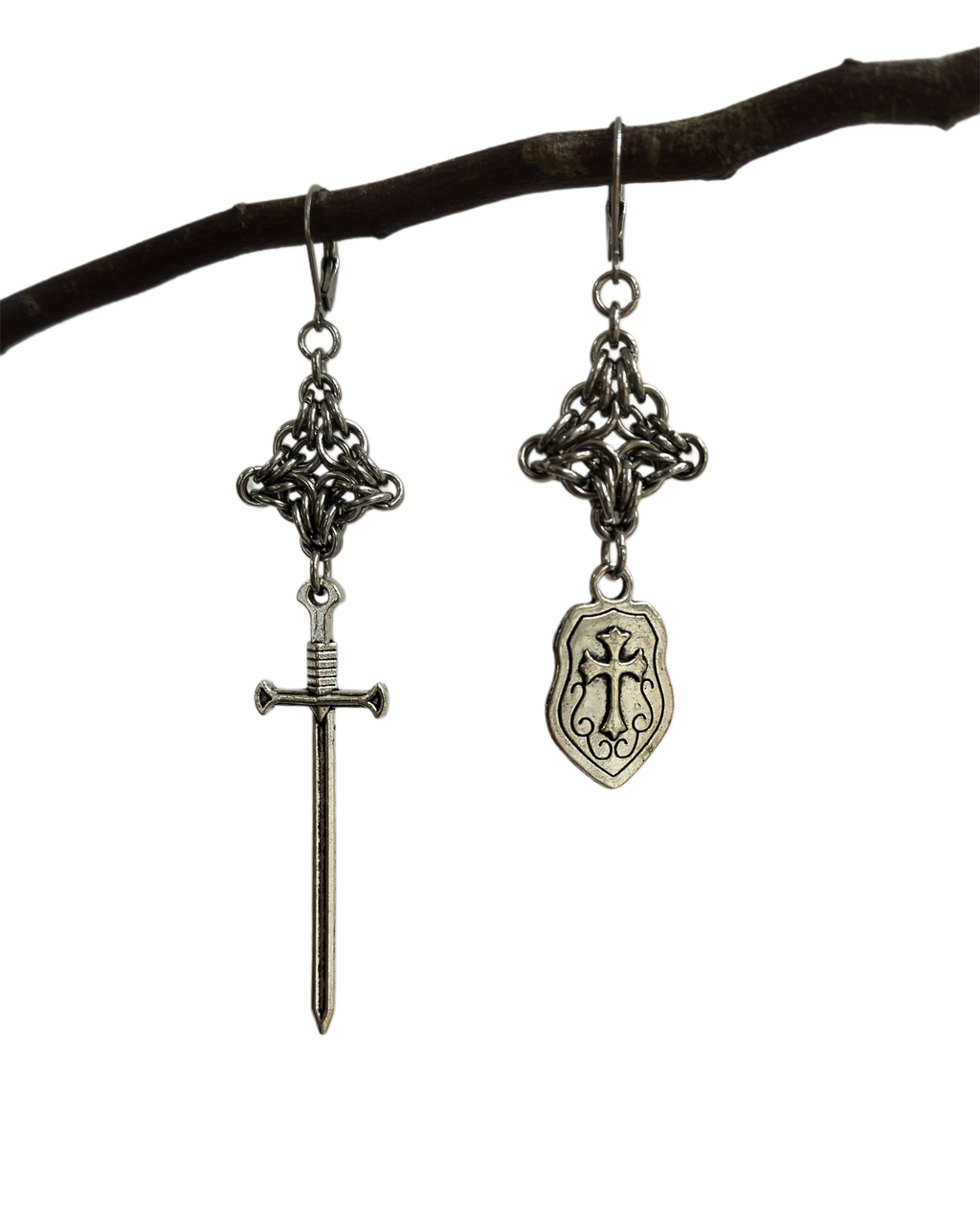 The Sword & Shield Chainmail Pendant Earrings in Stainless Steel