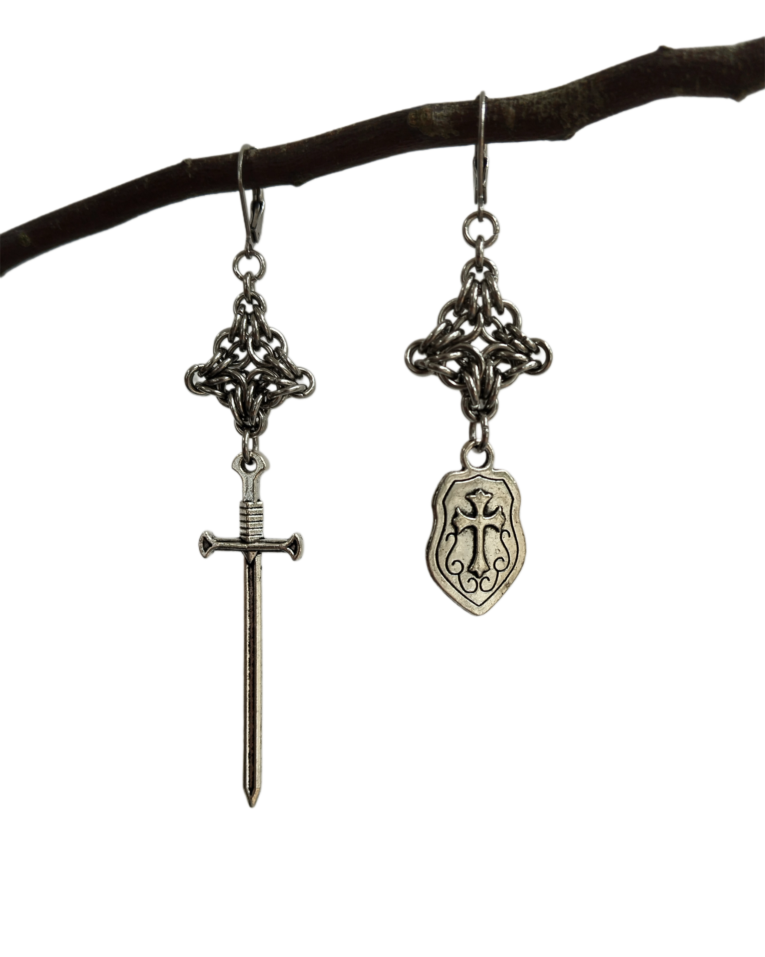 The Sword & Shield Chainmail Pendant Earrings in Stainless Steel