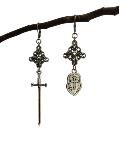 The Sword & Shield Chainmail Pendant Earrings in Stainless Steel