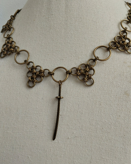 The Chainmail Sword Pendant Necklace in Antique Bronze