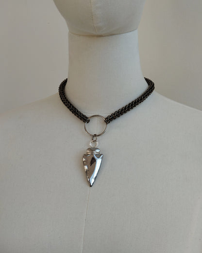 One of a Kind - The Chainmail Flint Arrow Head Pendant Necklace in Gunmetal Black