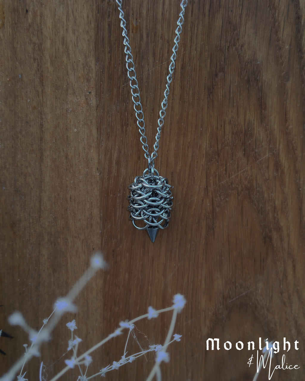 The Strobilus Chainmail Pinecone Necklace in Stainless Steel