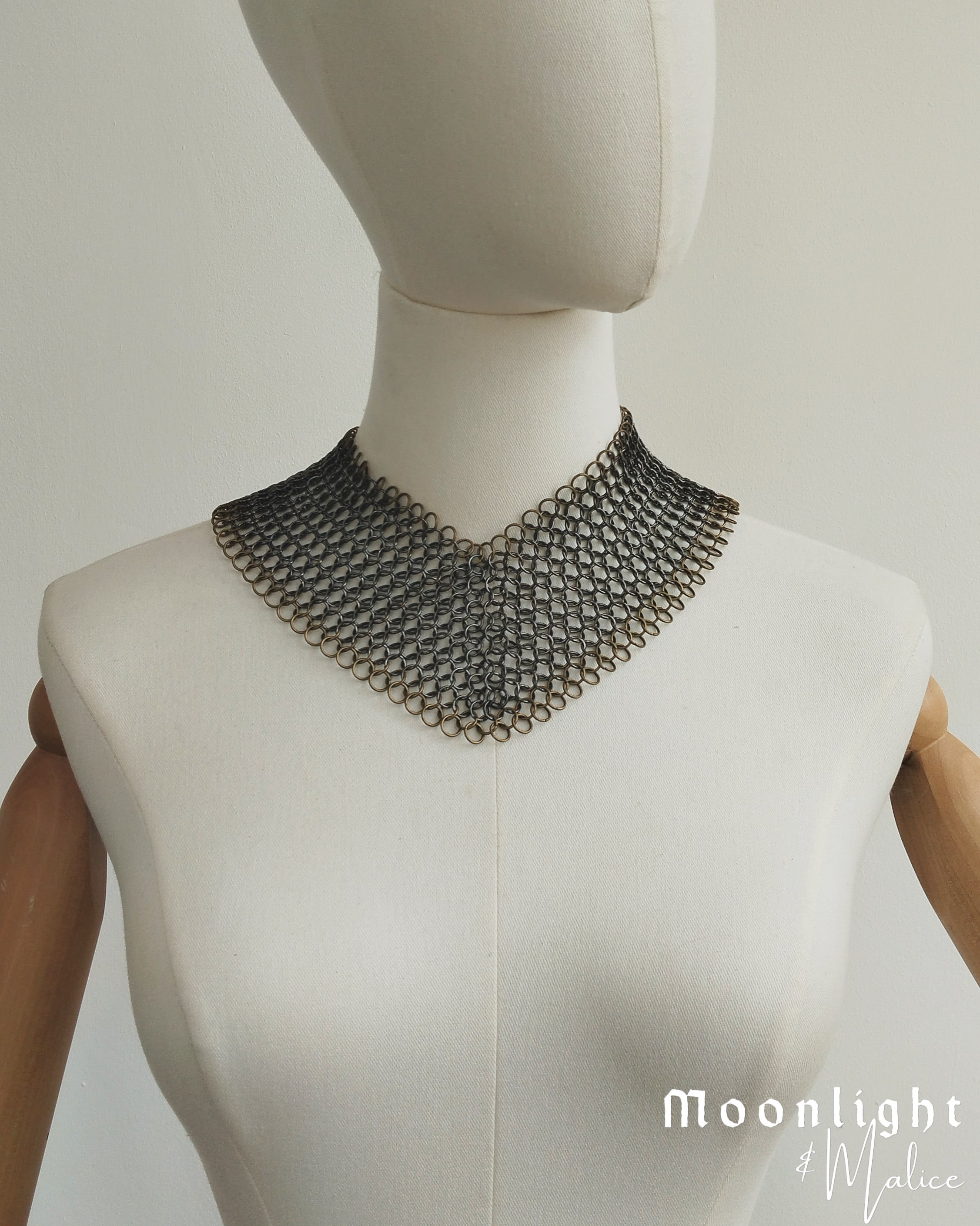 The Olivia Chainmail Collar in Gun Metal Black with Antique Bronze