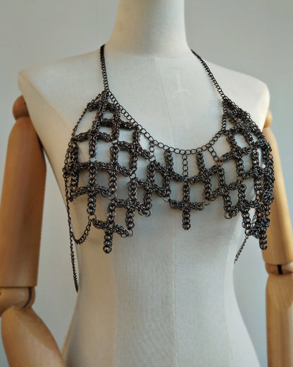 The Ayla Cross Pendant Chainmail Bralet in Gun Metal Black