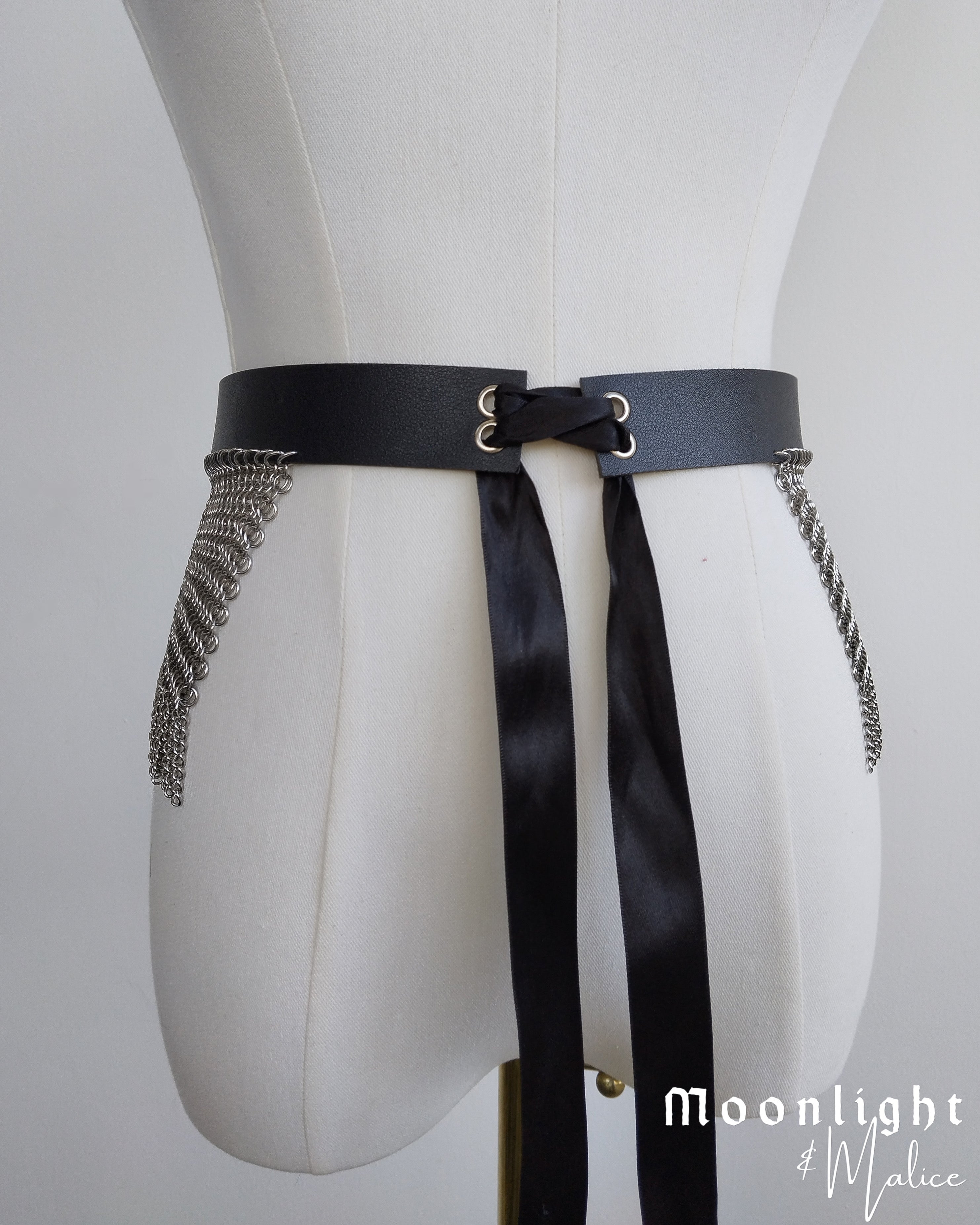 The Haunted Chainmail Belt in Stainless Steel & Faux Leather Black