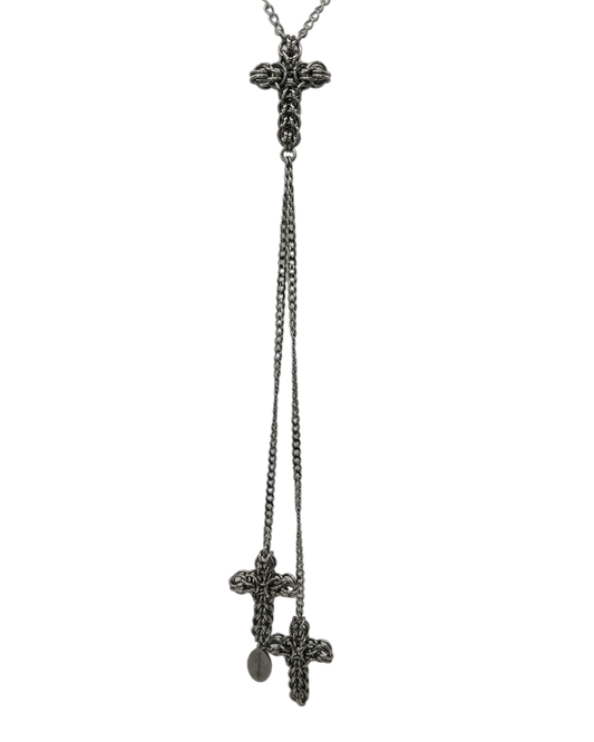The Styx Trio Cross Bolo Inspired Chainmail Necklace in Stainless Steel